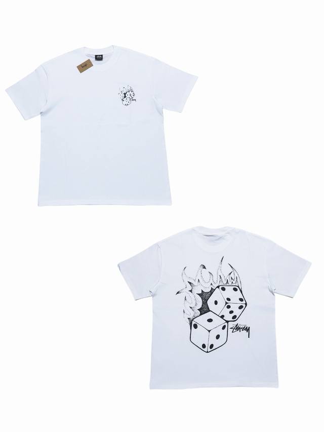 s286# Stussy 骰子系列 Ss22 火焰骰子复古字母骰子图案印花短袖T恤 男女同款 采用圆筒无缝工艺 原版工艺 衣服侧面没有缝合骨位 鉴定重点 面料：