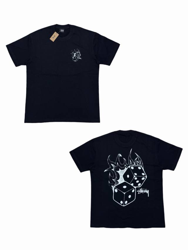 s286# Stussy 骰子系列 Ss22 火焰骰子复古字母骰子图案印花短袖T恤 情侣款 采用圆筒无缝工艺 原版工艺 衣服侧面没有缝合骨位 鉴定重点 面料：全