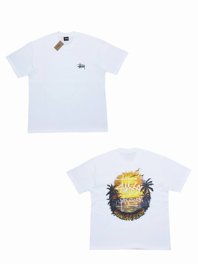 s283# Stussy Ss24 椰子树日落风景宽松休闲短袖T恤 男女同款 采用圆筒无缝工艺 原版工艺 衣服侧面没有缝合骨位 鉴定重点 面料：全都订织定染，2