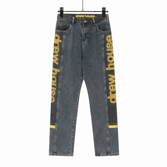 8082 日本限定 Drew House笑脸贾斯丁比伯同款黑蓝拼接刺绣字母牛仔裤直筒裤裤子阔腿裤 Drew笑脸黑蓝拼接刺绣高阶风牛仔裤 复古黑蓝牛仔上加了些满印