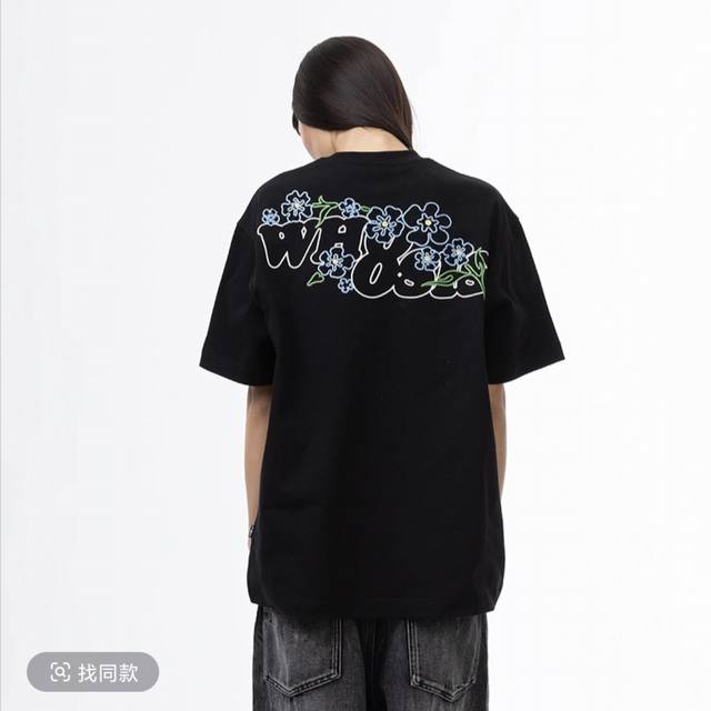 wh06 Whoosis 不知其名 线条绣花花卉短袖T恤宽松夏季圆领纯棉男女 颜色：白色 黑色 码数：S M L Xl