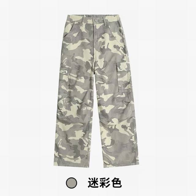 款号-871 自主Cleanfit工装军事风格淡迷彩多功能口袋宽松阔腿迷彩牛仔裤 颜色：迷彩 尺码：S～Xxl