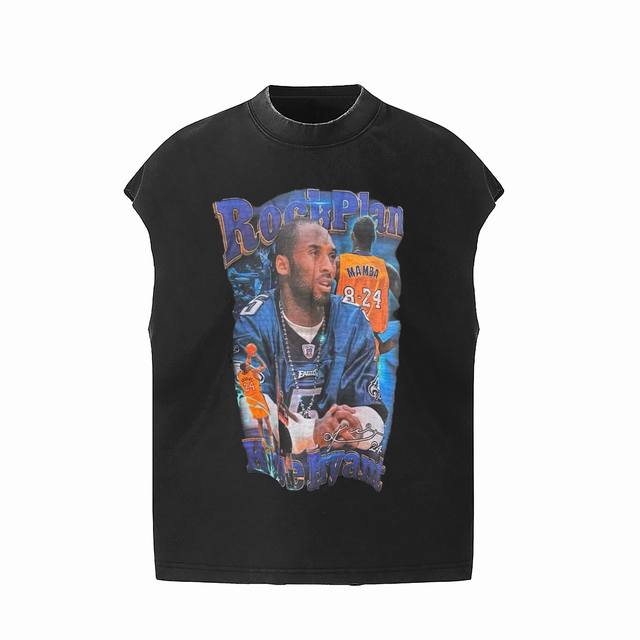 vt022 致敬Kobe Bryant 科比 布莱恩特 永远的黑曼巴纪念限定人像印花水洗做旧坎肩无袖T恤 小领口设计 白墨数码直喷印花 手工磨破工艺 高街复古重