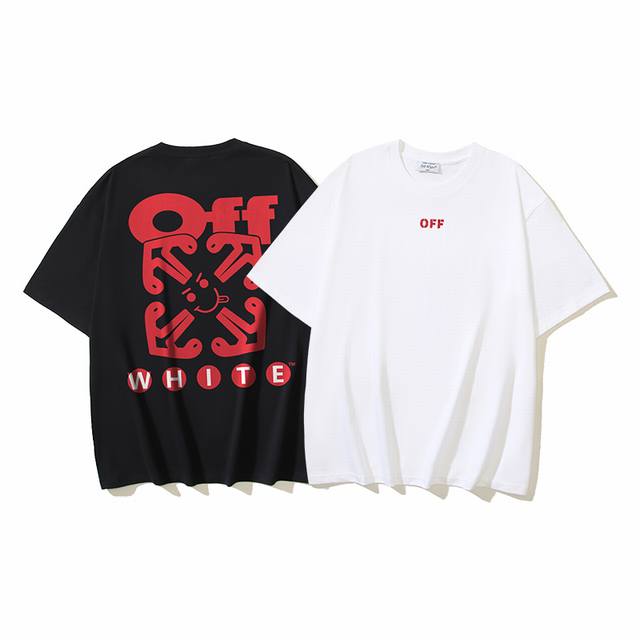 1090# Off-White纯棉260G重磅微笑箭头印花短袖T恤 黑色 白色 S M L Xl