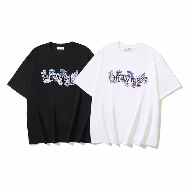1098# Off-White纯棉260G重磅花朵字母Logo印花短袖T恤 黑色 白色 S M L Xl