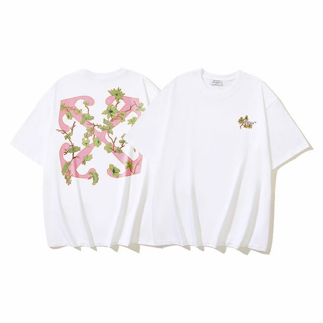1024# Off-White纯棉260G重磅花卉植物箭头印花短袖T恤 白色 S M L Xl