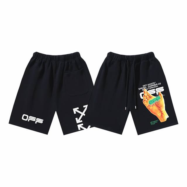 1027# Off-White磨毛纯棉毛圈450G重磅手掌箭头印花短裤 黑色 S M L Xl