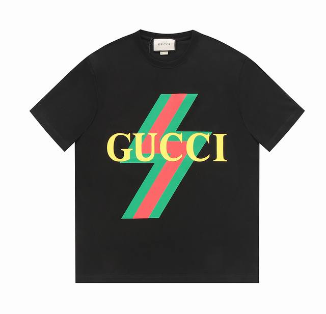 顶级版本.官网品质 Gucci 古驰 24Ss春夏新款闪电字母Logo印花高版本短袖 原版面料 官方同款，定制260克同缸染面料，手感非常舒服，春夏最新砖柜同步