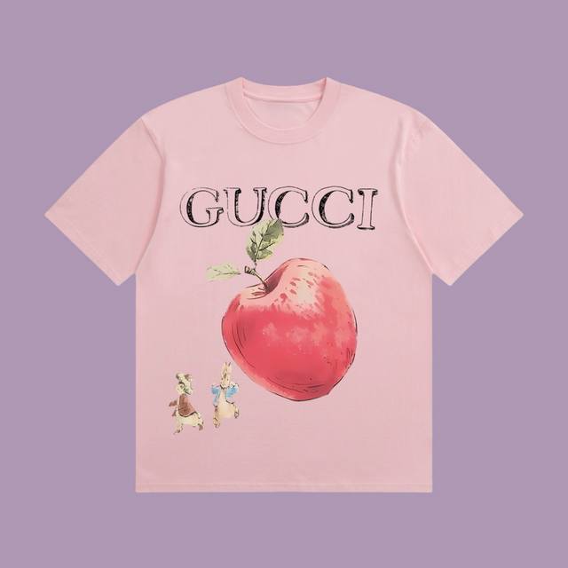 合作让利 高端品质 Gucci 2025Fall 春夏系列 兔子苹果短袖T恤 区别普通印花 定织270G32支双纱纯棉面料 宽松版型 男女同款 Size：S M