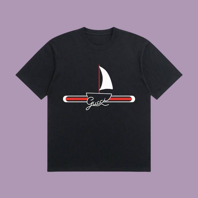 合作让利 高端品质 Gucci 2025Fall 春夏系列 帆船短袖T恤 区别普通印花 定织270G32支双纱纯棉面料 宽松版型 男女同款 Size：S M L