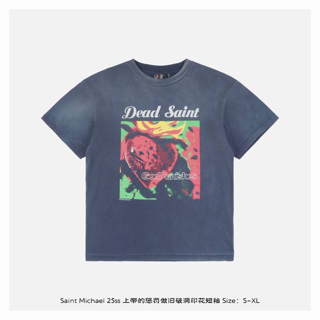 Saint Michael 25Ss 上帝的惩罚做旧破洞印花短袖 整体面料选用260克100%纯棉16织双纱汗布面料，圆筒无侧缝面料，螺纹选用300G100%