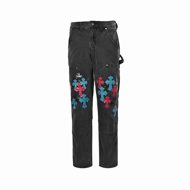 Chrome Hearts 克罗心 多色激光十字架拼皮牛仔裤 采用顶级重工洗水工艺，每一处细节都彰显匠心。小牛皮经 激光切割，制成精致十字架，触感与视觉的双重