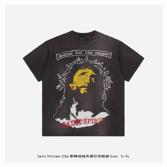 Saint Michael 23Ss 耶稣地狱天使印花短袖 整体面料选用260克100%纯棉16织双纱汗布面料，螺纹选用300G100%纯棉1*1弹力无根螺纹