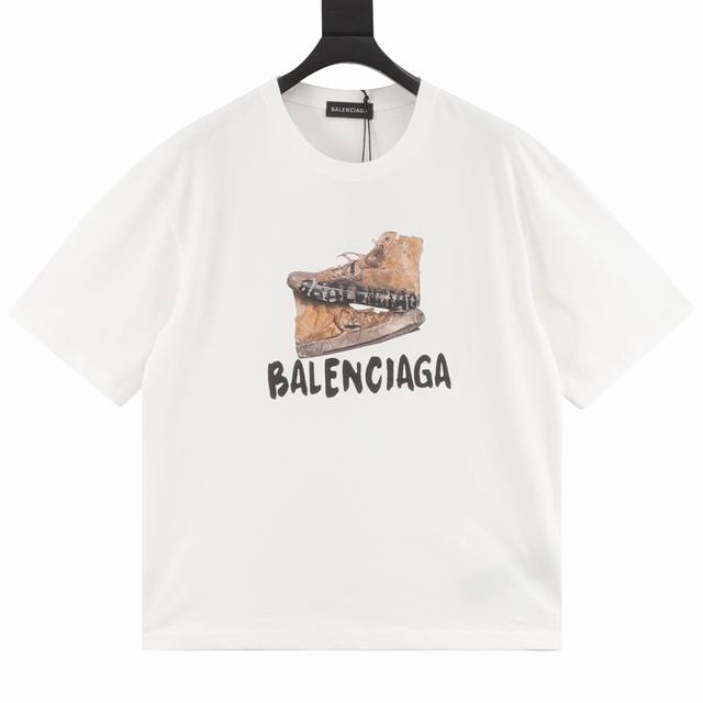 Balenciaga 巴黎世家 做旧鞋子字母印花短袖T恤 Logo标识精致升级，原版面料，官方同款 定制280克同缸染面料 手感非常舒服 春夏砖柜同步 时尚又个