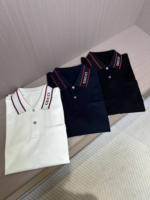 Gu古家25Ss早春新款起脚色织Polo 原版定制 进口纱线色染 经典百搭 舒适透气 高端 颜色：黑色，白色，藏蓝色， 码数：48-56