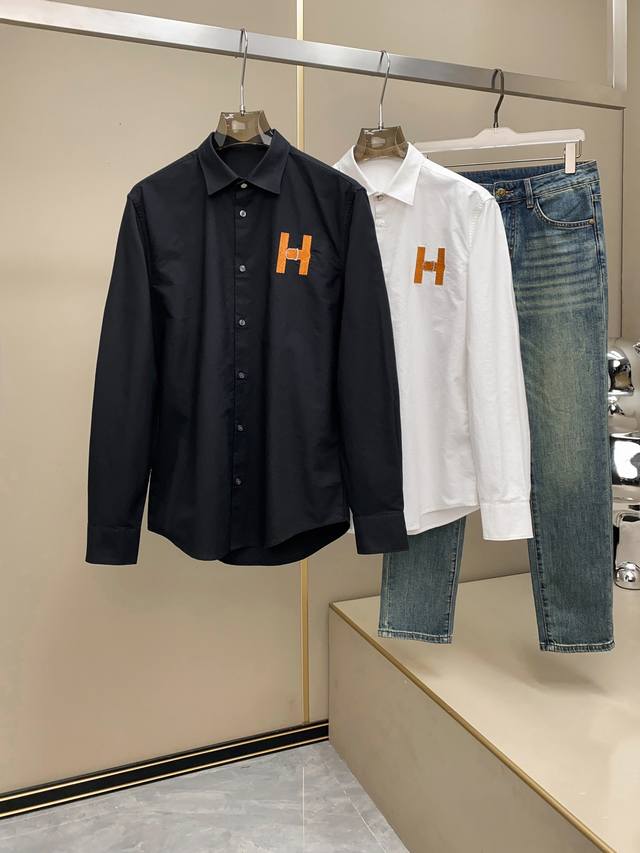 H家25Fw新品上架 商务休闲牛津纺纯棉长袖衬衫，贸易公司渠道货，100%纯正血统，高端意大利原厂出品，经典常青王牌产物！ 极符合Hr爱马家族美学基调的一款衬衫