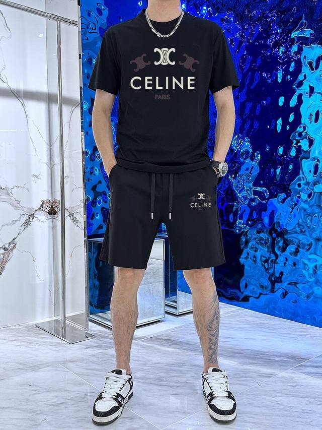 直 品牌 Celine 赛琳 2025新款男士短袖短裤套装！官网同步销售！市面高端版本！手感细腻柔软！让你穿着更加舒适！立体裁剪版型超赞！尺码:M-5Xl 下单