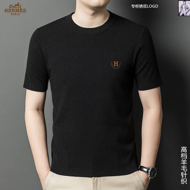 Hermes 爱马仕 最新款专柜同款首发！高端时尚休闲针织羊毛短袖，超正版型上身瞬间变欧巴！，简约时尚的三维裁剪，工艺独特，原单代工厂P出品；上身效果极佳，彰显