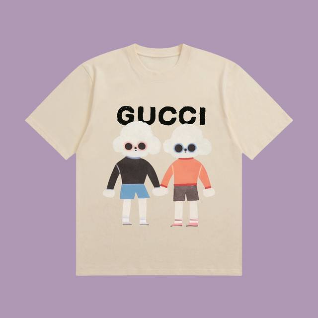 合作让利 高端品质 Gucci 2025Fall 春夏系列 时尚狗狗牵手短袖T恤 区别普通印花 定织270G32支双纱纯棉面料 宽松版型 男女同款 Size：S