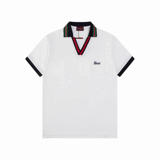 Gucci 古驰 25Ss新款 海军领 口袋Gucci 刺绣Polo 230克重全棉珠地 颜色：白色 宝兰 码数：S M L Xl Xxl
