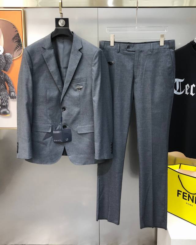 整套 上衣 西裤 P*Ada 普拉哒早春新款原单男士商务休闲西装套装 西服外套西裤 可拆开售卖官网同步售卖 高端定制 时尚百搭 爆款绣三角Logo标设计 采用原