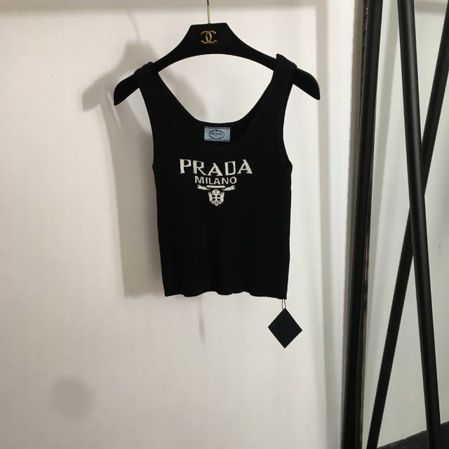 款号20251792 Prad*新款 撞色Logo提花 针织吊带背心，米白色，灰色，黑色，咖色， 均码；胸围62，长46