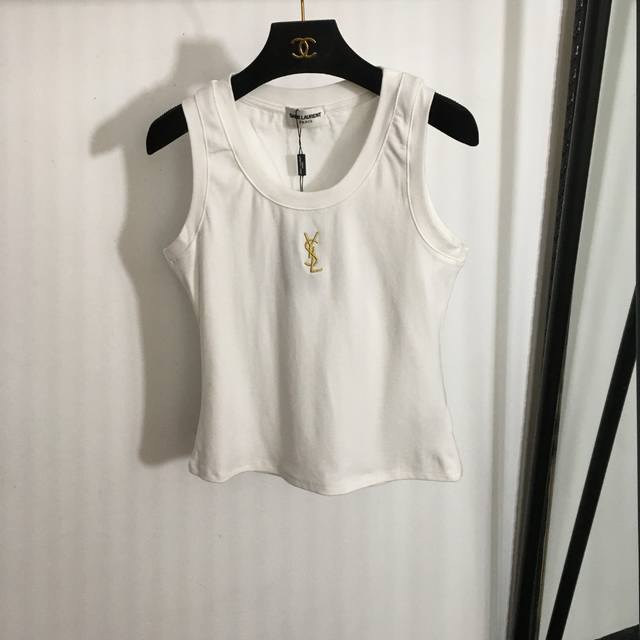款号2053 Ysl*新款 金线刺绣字母内搭修身纯棉背心，白色，黑色，Sml， L码；胸围84，长53