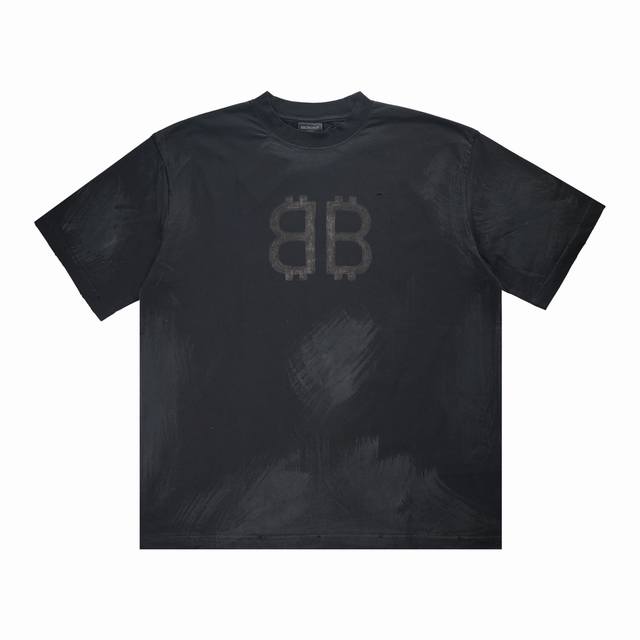 balenciag* 巴黎世家 橘字Bb印花圆领短袖 赃污油墨印花加洗水做旧效果 袖口石磨破洞工艺 廓形裁剪 码数Xs-L