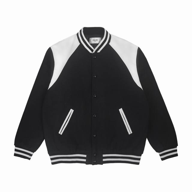 ce 24Fw 肩膀拼皮棒球服外套夹克 面料采用了羊毛睛纶混纺材质 整件衣服使用羊毛螺纹可支持检测 肩部位置是皮料拼接工艺 皮质柔软纹路清晰 铜氨纤维内衬贴身穿