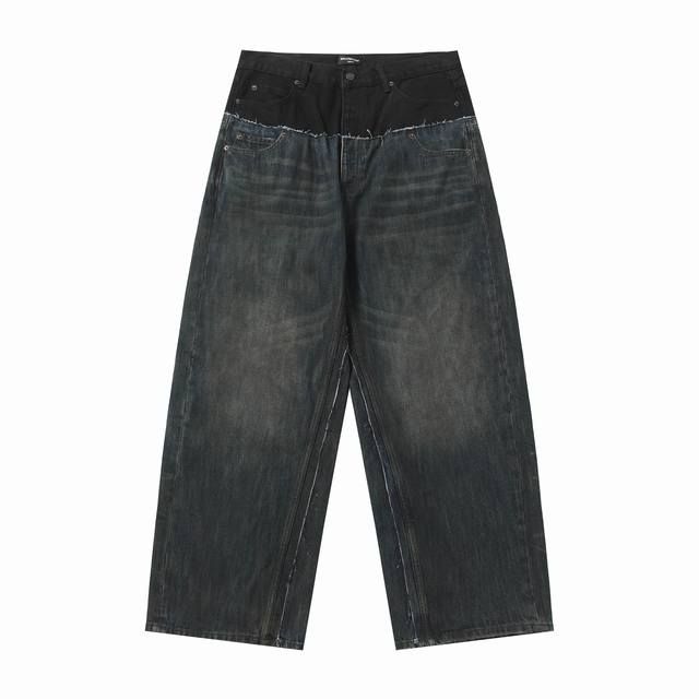 6011# 官网高版本品质.Balenciaga25Ss新款早秋装.牛仔黑牛料拼接.水洗拼接牛仔长裤.重工树脂加泥染压皱猫须工艺.腰标定制开模具割破.百搭款.阔