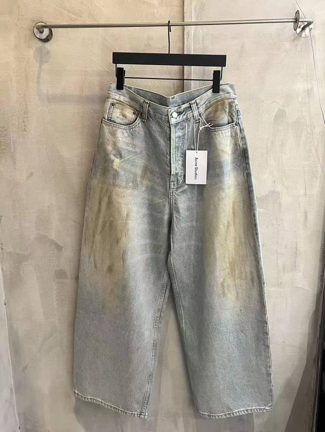 6001# Acne Studios25Ss新款珠光幻彩泥染牛仔长裤.波澜光线工艺.采用贝壳磨成粉在用烫画工艺.做旧水洗工艺.宽松版型.男女同款 码数：Xs.S