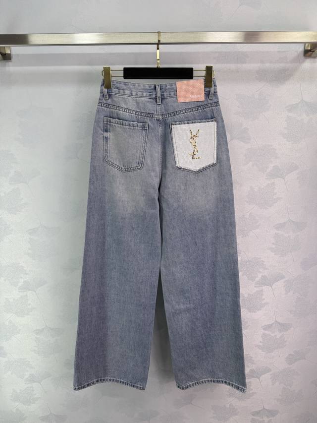 Ys*25夏季新款定制美式辣妹设计撞色后口袋亮片字母装饰时尚高腰阔腿裤百搭水洗牛仔裤 蓝色Sml。T226B