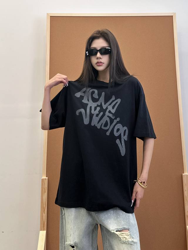 Acne ｜ 新款短袖T，最新闪粉印花素材加成衣洗水吊磨喷色叠加工艺，100%棉，男女同款，尺码Sml