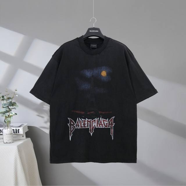 b153# 市场顶级品质 Balenciaga 巴黎世家2025Ss 埃菲尔铁塔双B拼接双面穿做旧磨破印花短袖T恤 印花采用进口椭圆机直喷工艺 市场顶级的质量