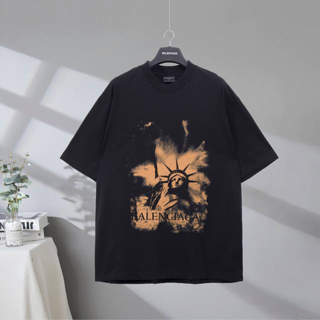 b127# 市场顶级品质 Balenciaga 巴黎世家2025Ss 自由女神像字母印花磨破做旧短袖T恤 印花采用进口椭圆机工艺 市场顶级的质量 官网品质 罗纹