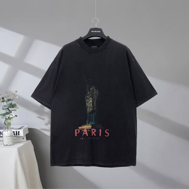 b108# 市场顶级品质 Balenciaga 巴黎世家2025Ss 自由女神像直喷白癦印花短袖T恤 印花采用环保进口材料白墨直喷工艺 市场顶级的质量 官网品质