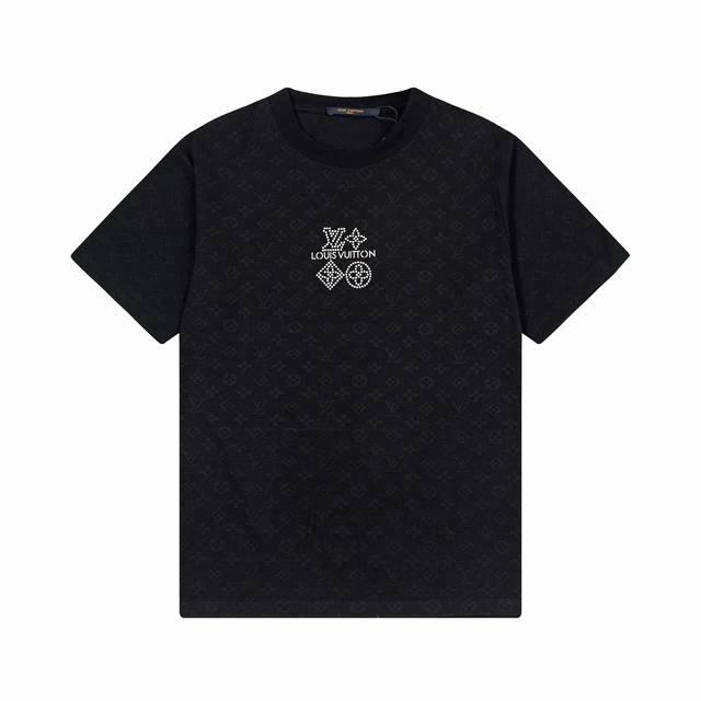 Lv 驴家25Ss新款 烫钻老花 刺绣Logo字母短袖 高品质 重工艺 面料- 采用270克双股精梳棉面料.索罗纳螺纹订织订染国标一级面料 辅料：官网原版三标L