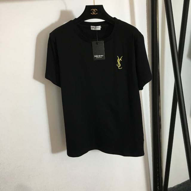 款号3831 Ysl*新款胸前刺绣字母纯棉百搭短袖T恤 黑色 Sml M码；肩宽43，胸围100，袖长18，衣长61
