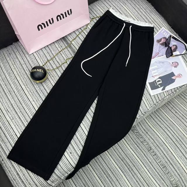 强烈推荐 25年早春夏系列 Miu*新款拼接蕾丝双头腰休闲直筒裤 字母标点缀 三色Sml
