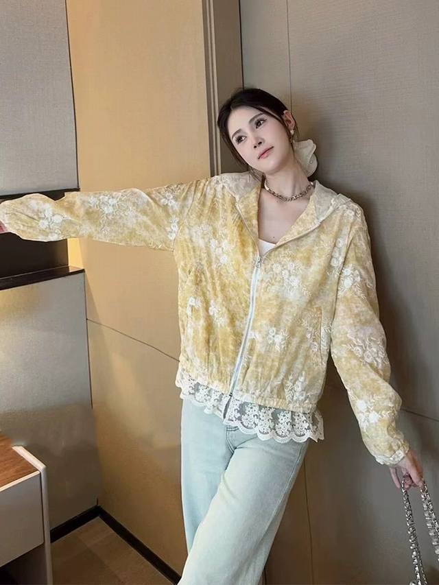 春夏季新款蕾丝拼接刺绣连帽防晒衣外套 颜色：粉色，黄色 码数：Smlxl