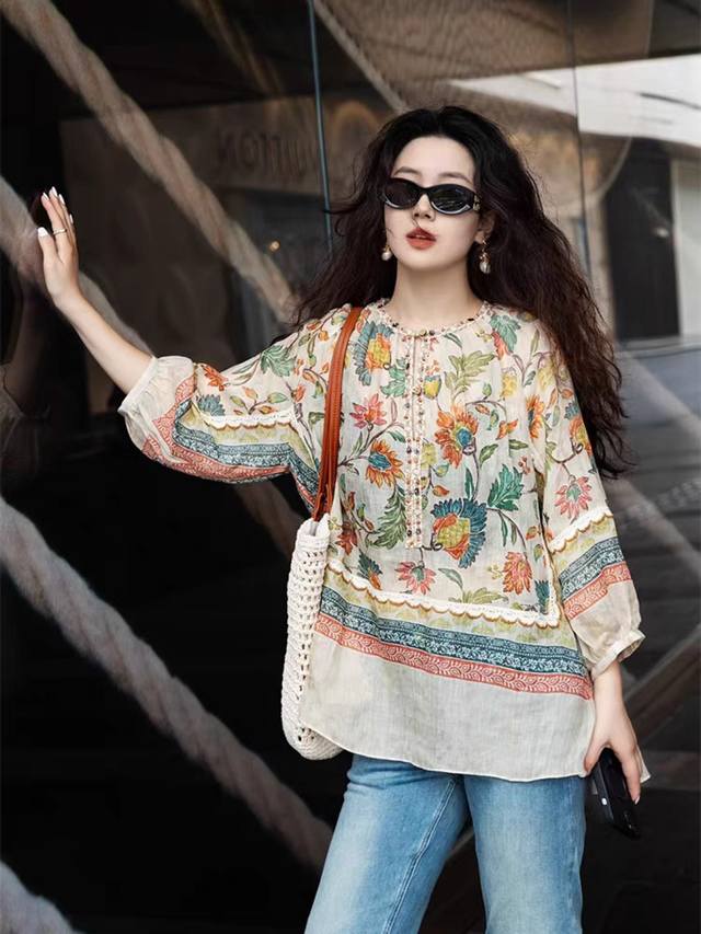 爆款来袭！轻奢高端度假风！苎麻印花宽松轻薄定位剪裁拼花边洋气衬衣！领口定制花边！超美！图色四码Smlxl