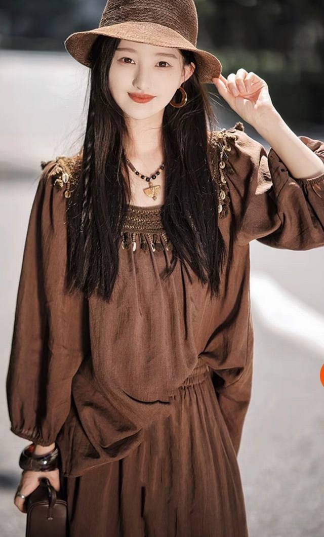 一套，，百分百苎麻流苏套装，灯笼袖百搭气质显瘦，两色：白色，咖色S Xl