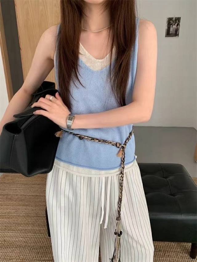 韩系撞色拼接假两件冰丝针织背心时尚百搭叠穿无袖吊带马甲 均码 亚麻