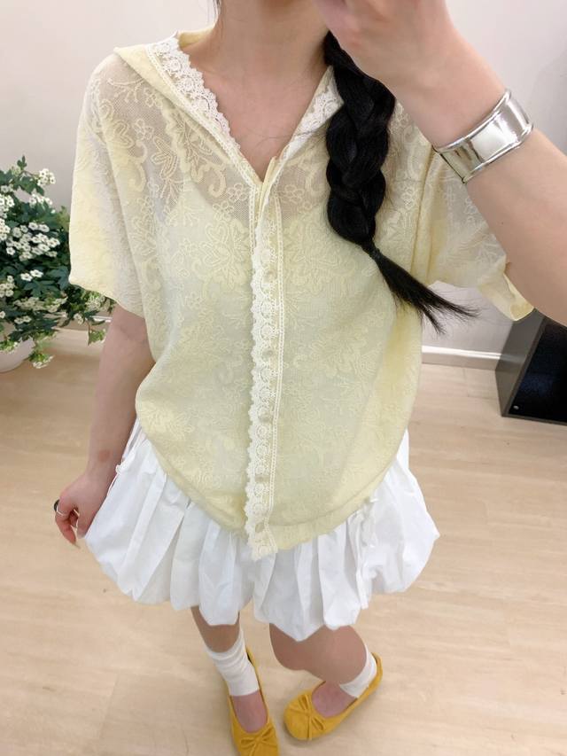 韩系甜美洋气拼接蕾丝花边宽松连帽针织衫短袖T恤上衣 均码 欧根纱
