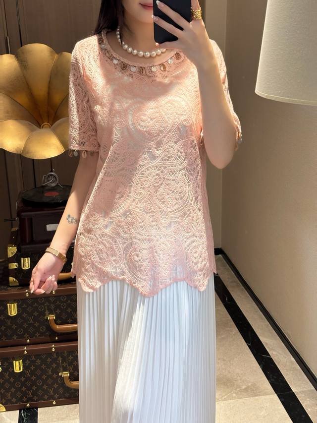 年夏装新品 水溶蕾丝重工钉珠上衣 时尚大气 杏 黄 粉 S-Xl