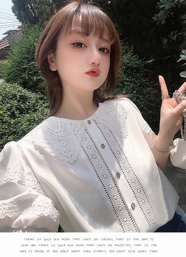 爆款上新！时尚蕾丝花边拼接泡泡袖木耳边领洋气上衣，超级减龄！Smlxl