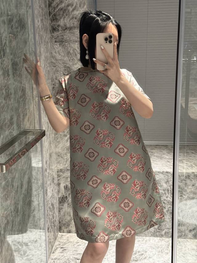 真丝宋锦连衣裙，S-Xl