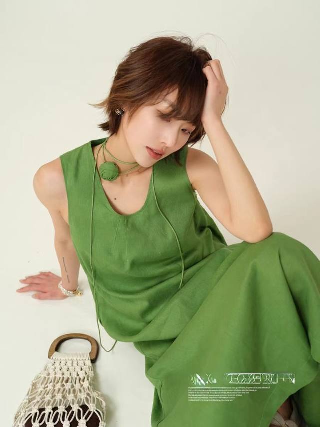 100%进口亚麻手工玫瑰 U领休闲懒人长裙极简宽松显瘦A版背心亚麻连衣裙女 双色四码 S M L Xl