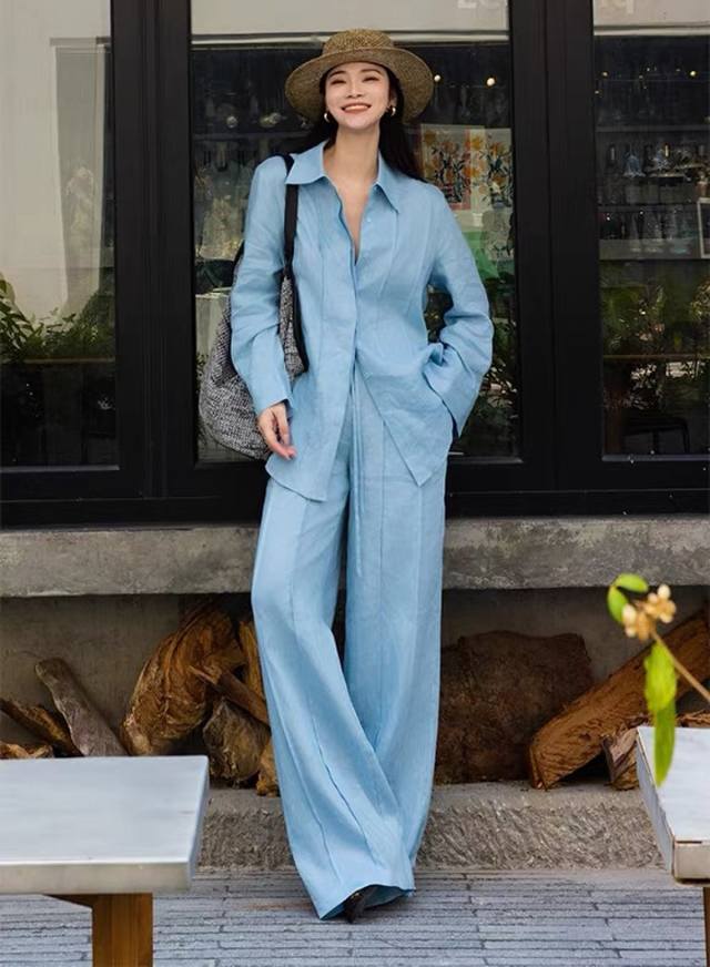 高版本现货！重磅酵洗100%亚麻套装！老钱风蓝色亚麻衬衫高腰显瘦阔腿裤两件套 超级重工线条感 简约流畅 巨显瘦 亚麻的肌理感多了一些自由随性感 适合日常通勤穿着