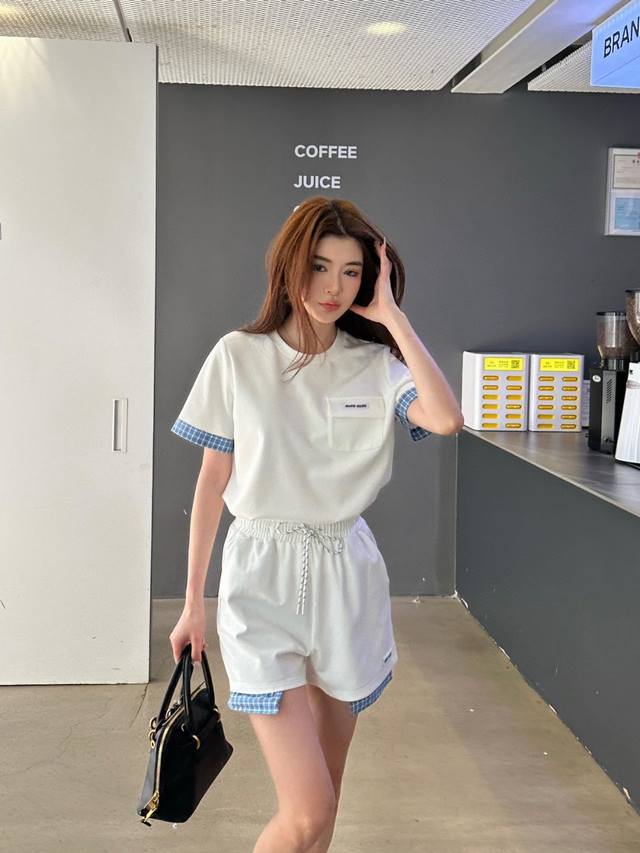 新款套装 拼接格纹休闲运动套装经典小Logo标签装饰减龄可爱 松紧腰 Sml